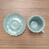 Floral Rim Espresso Cup & Saucer | Handmade Ru Porcelain | Antique Sky Blue Glaze