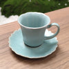 Floral Rim Espresso Cup & Saucer | Handmade Ru Porcelain | Antique Sky Blue Glaze
