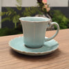 Floral Rim Espresso Cup & Saucer | Handmade Ru Porcelain | Antique Sky Blue Glaze